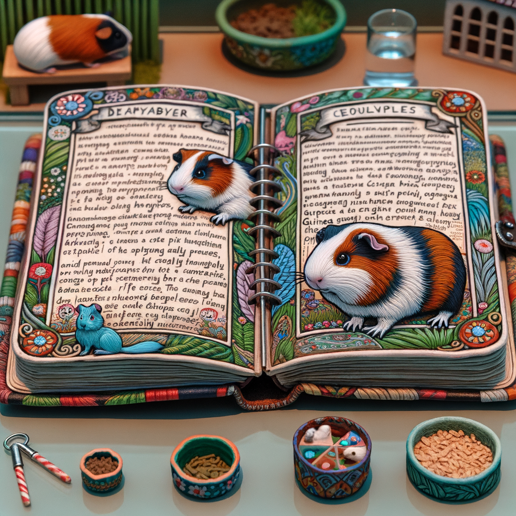 Open diary documenting guinea pig daily routine with pet care tips, illustrating guinea pig lifestyle and behavior, surrounded by pet accessories with a healthy guinea pig in the background.