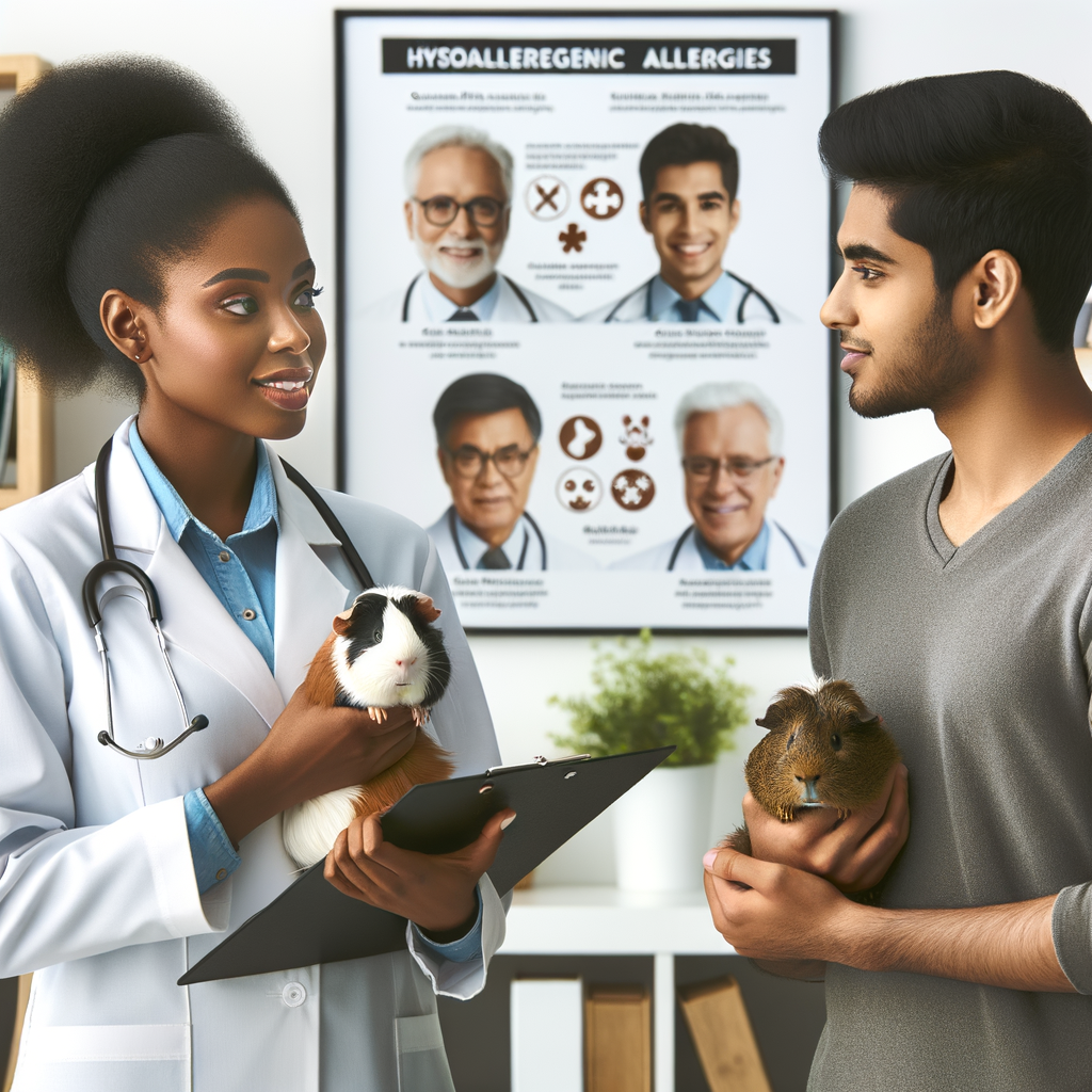 Allergist discussing guinea pig allergies and hypoallergenic pets in a clinic, holding a guinea pig, with charts on allergic reactions and managing pet allergies in the background