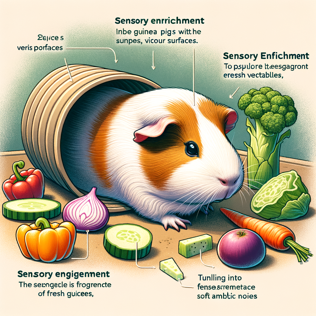 Guinea pig engaging in sensory stimulation activities like exploring textured tunnels and sniffing vegetables, emphasizing sensory enrichment in guinea pig care for sensory overload prevention.