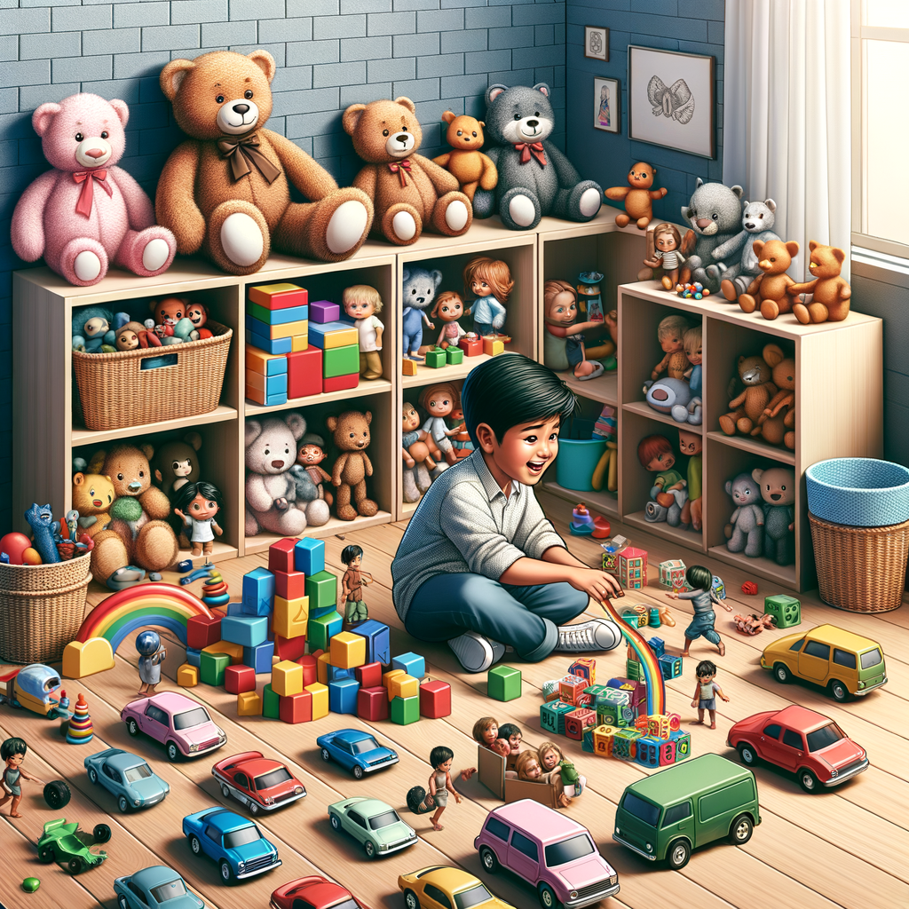 Child joyfully engaging with a balanced quantity of children's toys, illustrating the concept of managing and balancing kids' toys for optimal playtime happiness and avoiding the issue of too many toys.