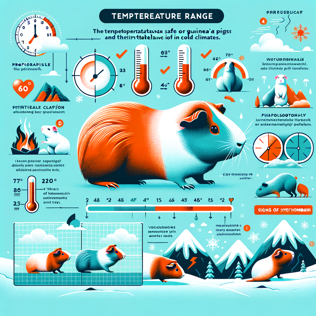 Infographic illustrating guinea pig cold tolerance, temperature range, winter care, cold weather protection, symptoms of hypothermia, and cold climate adaptation for understanding how cold is too cold for guinea pigs.