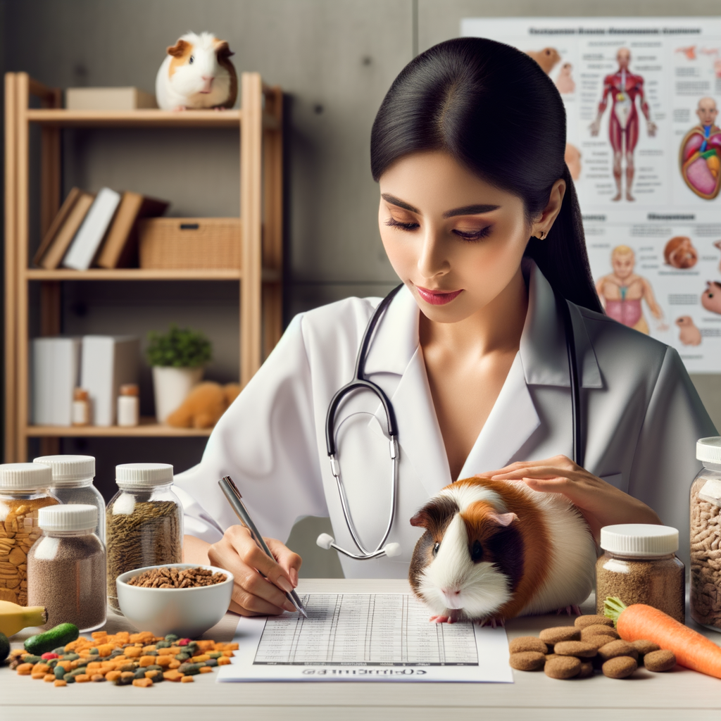 Veterinarian crafting a balanced guinea pig diet with healthy food items, showcasing nutritional needs and dietary requirements for optimal guinea pig nutrition, including homemade recipes and meal planning guide.