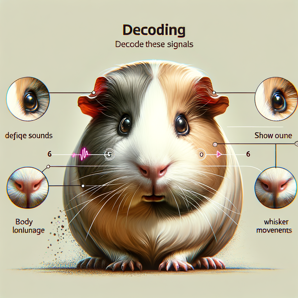 Close-up illustration of a guinea pig demonstrating unique whisker movements, body language, and sounds for understanding guinea pig behavior and decoding their signals, with an overlay guide for interpreting guinea pig communication, as part of the 'Whisker Wisdom: Cracking the Code of Animal Communication' article.