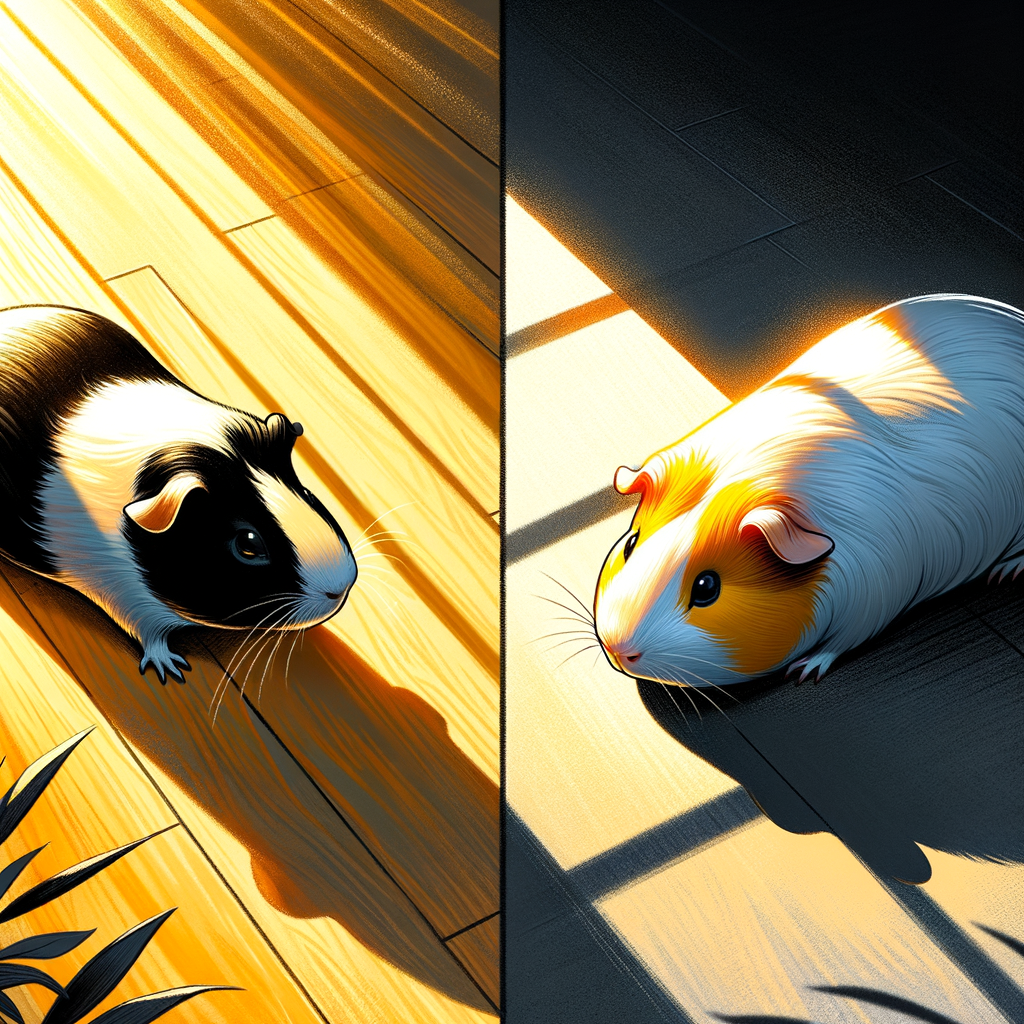 Professional illustration analyzing Guinea Pig behavior patterns in light and dark settings, showcasing the impact of sunshine and shadows on Guinea Pig behavior.