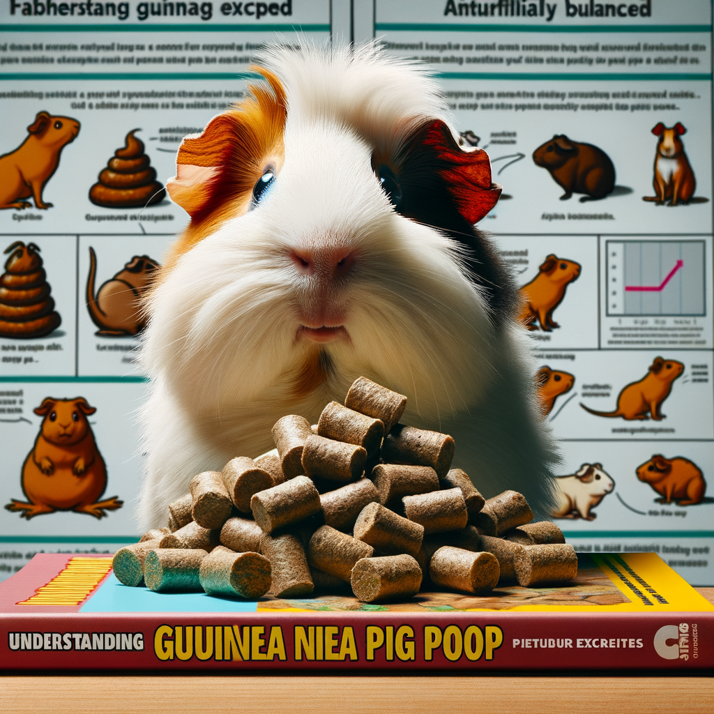 Healthy guinea pig pellets on 'Understanding Guinea Pig Poop' guidebook, with pet care items, poop problems chart, and a well-cared guinea pig in the background, illustrating perfect pellets for guinea pig health and diet.