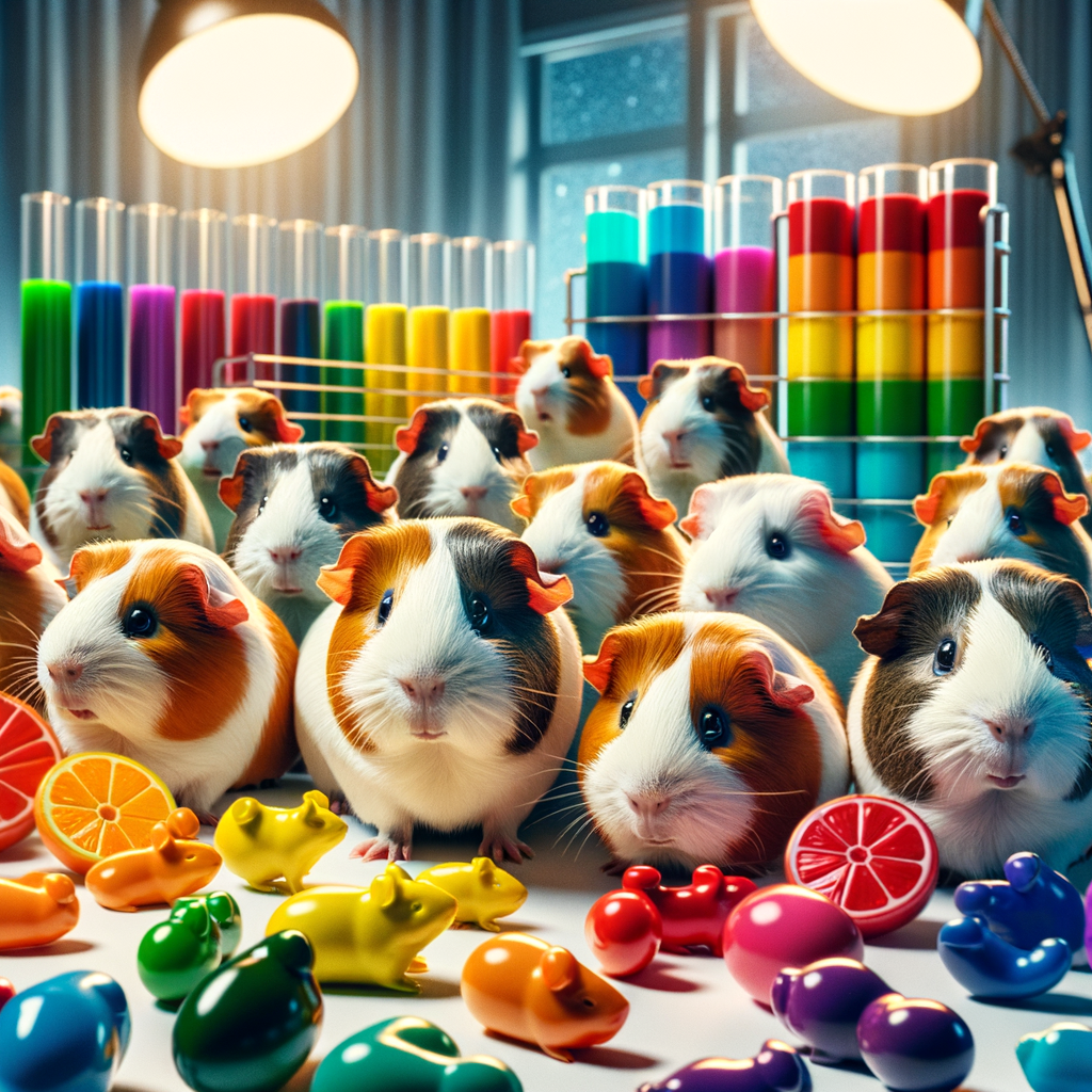 Guinea pigs exploring color preferences and sensory perception through interaction with rainbow-colored objects in a scientific research setting.