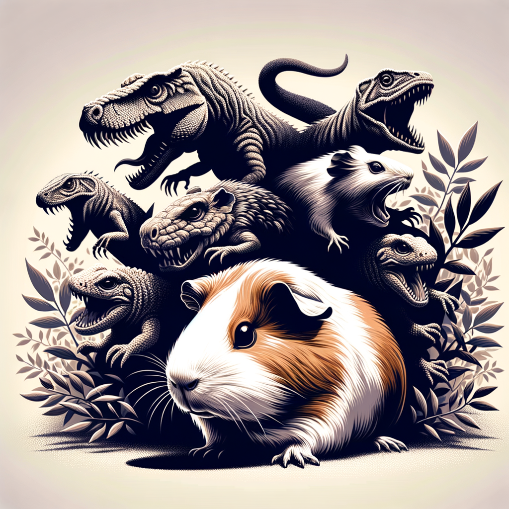 Alert guinea pig in natural environment displaying survival instincts, with shadows of wild guinea pig predators, highlighting the importance of guinea pig safety and protection from natural threats.