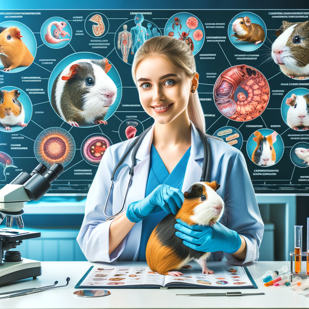 Veterinarian examining guinea pig, showcasing common diseases, illness symptoms, and preventive care measures for understanding and treating guinea pig health problems.