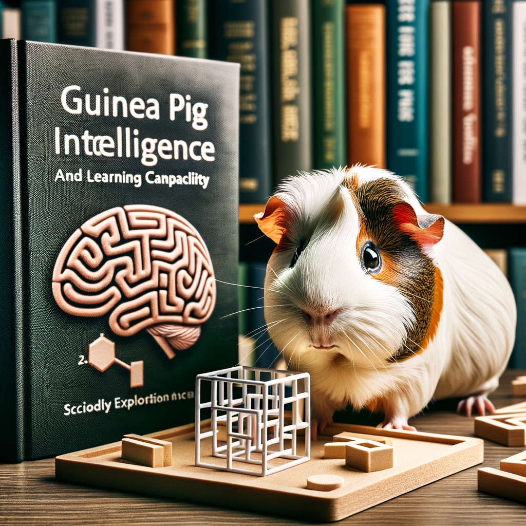 Smart guinea pig showcasing cognitive abilities and problem-solving skills in a maze, with background of guinea pig intelligence research papers and books, highlighting understanding of guinea pig behavior and learning abilities.