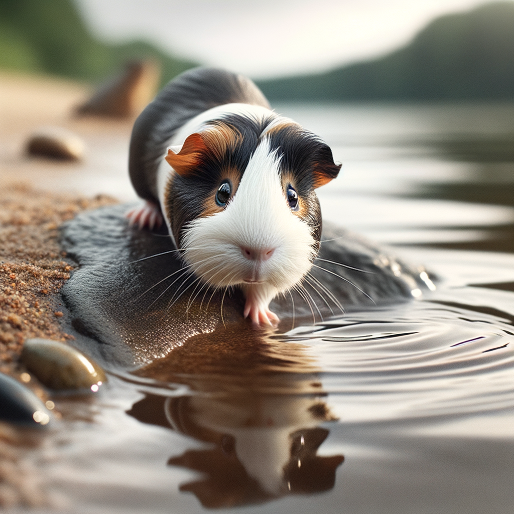 Guinea pig exploring the edge of a pool, showcasing natural swimming abilities and potential for aquatic adventures, answering 'Can guinea pigs swim?