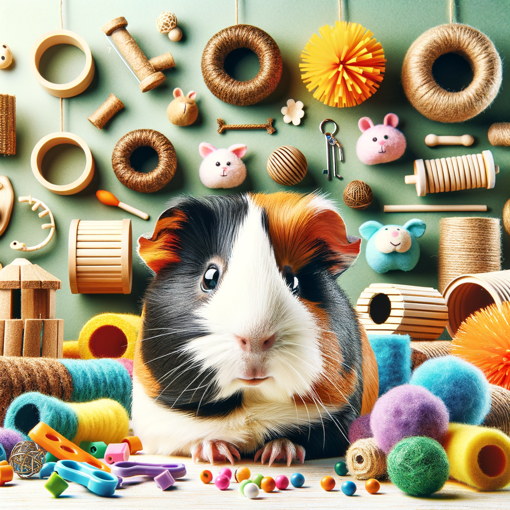 Happy guinea pig interacting with colorful DIY Guinea Pig Toys, including homemade tunnels and chew toys, showcasing creative Guinea Pig Toy Ideas and DIY Pet Toys for an article on 'DIY Delights: Homemade Toys Your Guinea Pig Will Love'.