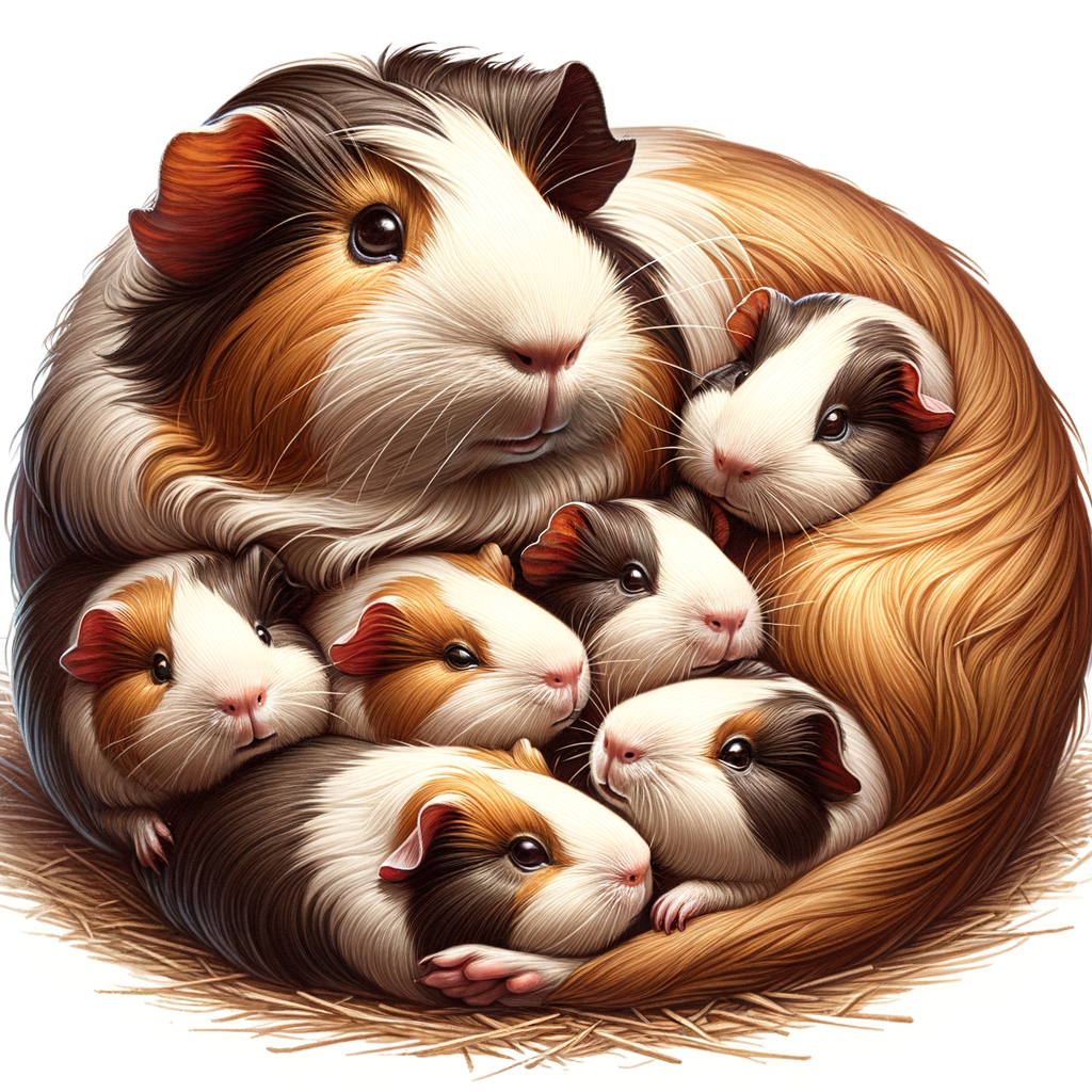 Mother guinea pig showcasing protective guinea pig behavior, surrounding baby guinea pigs, demonstrating guinea pig parenting and protection, hinting at guinea pig breeding and care for guinea pig offspring in a close-knit guinea pig family.