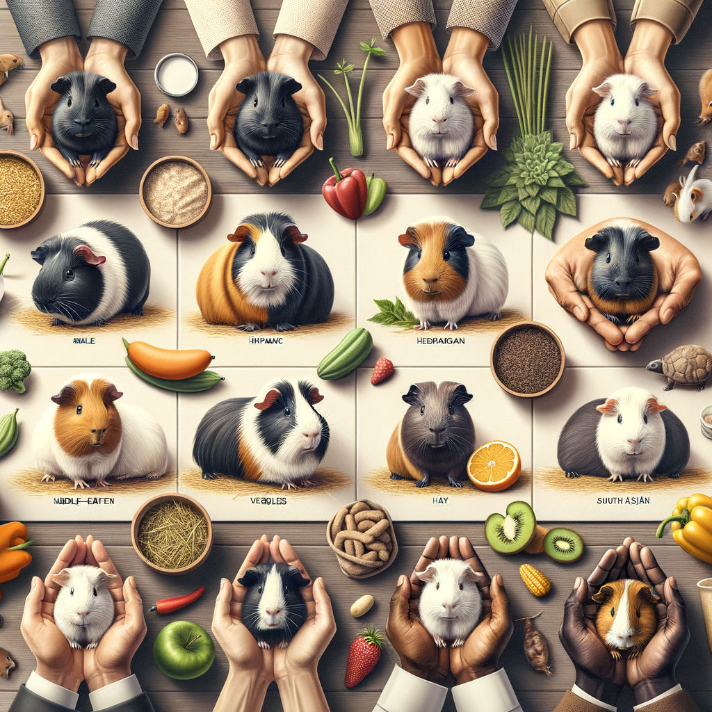 Various Guinea Pig breeds enjoying a balanced diet in a cozy indoor setting, illustrating the joy and ease of having Guinea Pigs as pets and caring for these ideal household pets at home.