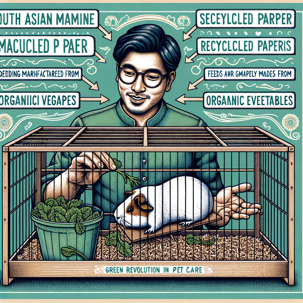 Eco-friendly guinea pig care illustration demonstrating sustainable practices for pet owners, including recycled paper bedding, organic vegetable feeding, and wooden cage use, symbolizing the green revolution in pet care.