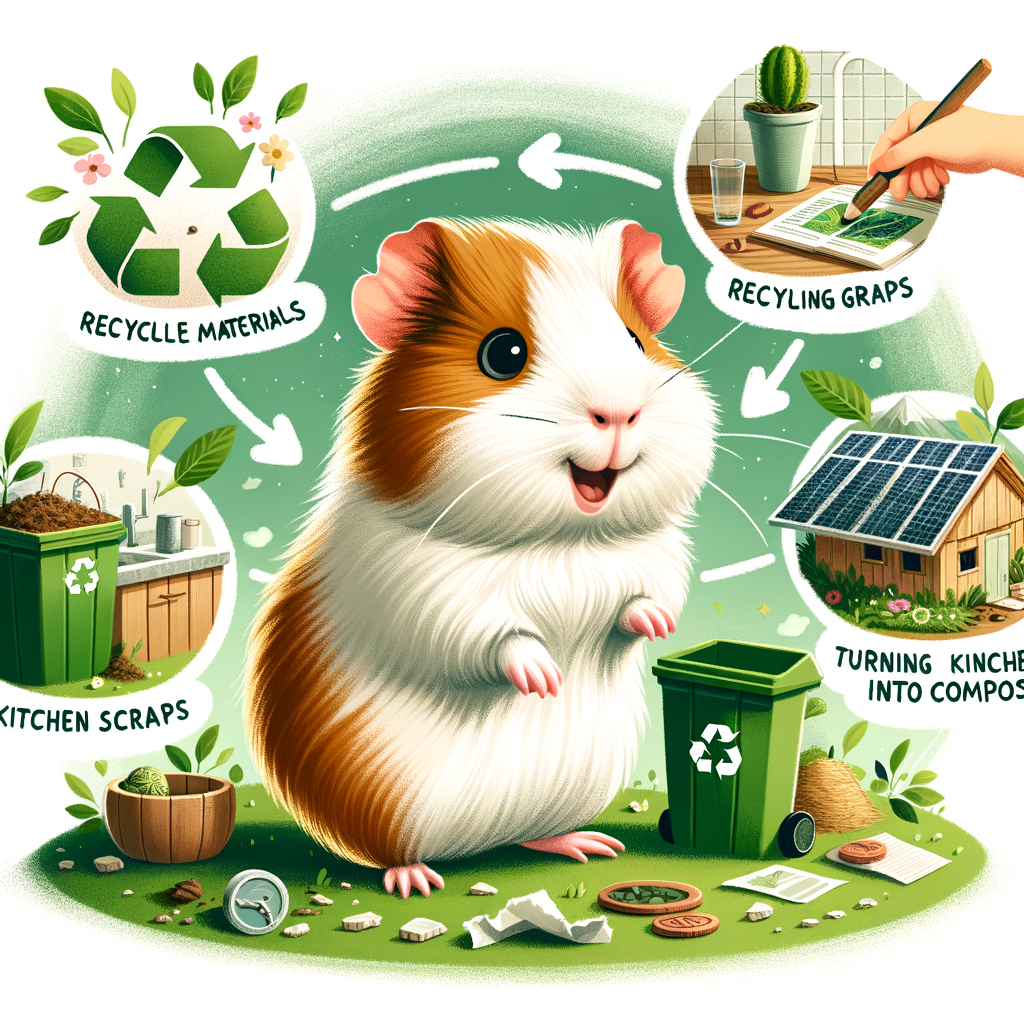 Eco-friendly Guinea Pig Care illustrated by a happy Guinea Pig Eco-Warrior engaging in Green Living activities like recycling and composting, promoting Sustainable Cavy Ownership and Environmentally Friendly Pet Care.