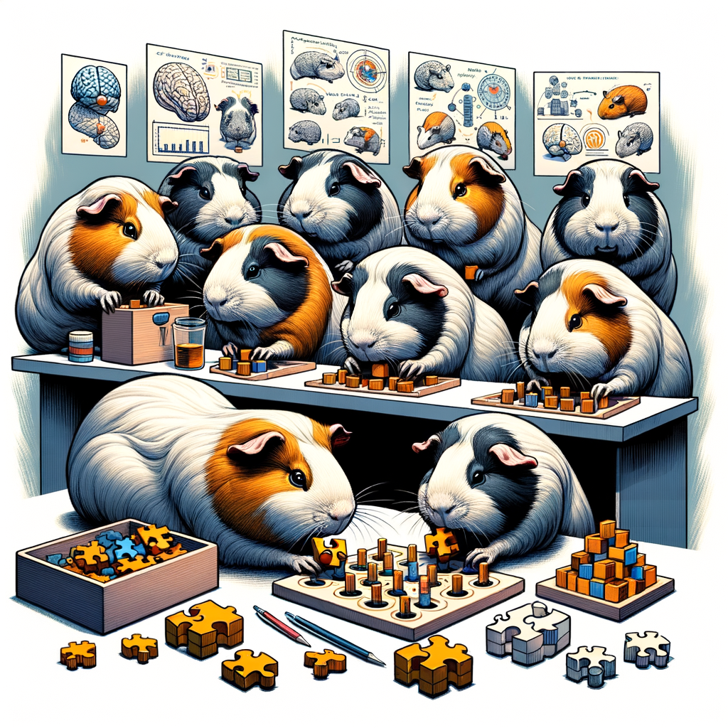 Guinea pigs demonstrating intelligence and cognitive abilities by solving puzzles, showcasing understanding of their behavior, brain function, and learning abilities in a cognitive experiment.