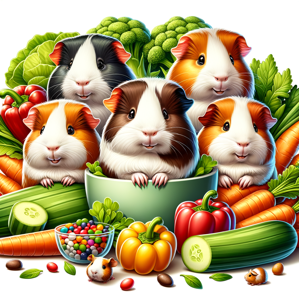 Healthy guinea pigs enjoying a variety of safe vegetables, showcasing the importance of a balanced diet in guinea pigs nutrition and the joy of feeding guinea pigs.