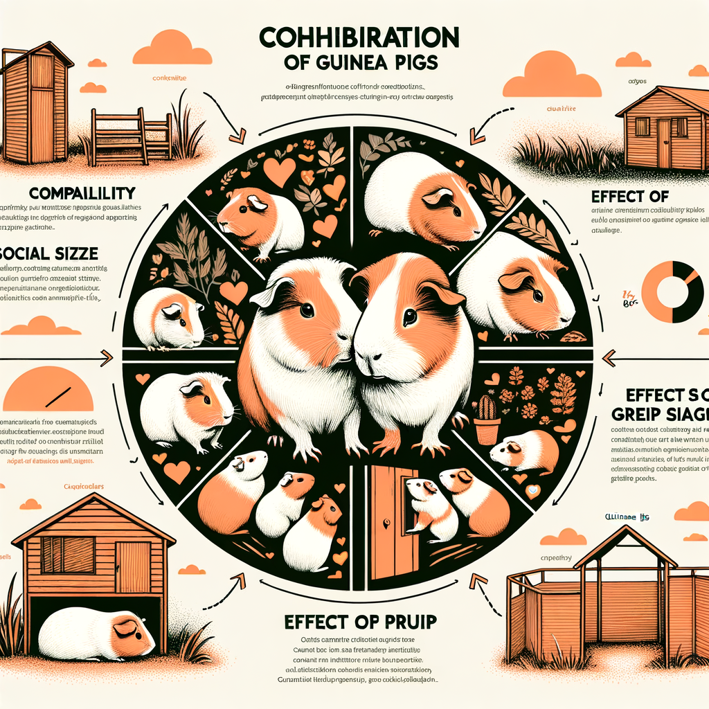 Infographic showcasing key factors in guinea pig cohabitation such as compatibility, social behavior, group size, living conditions, interaction, companionship, housing, and the importance of these elements in a guinea pig society for keeping multiple guinea pigs.