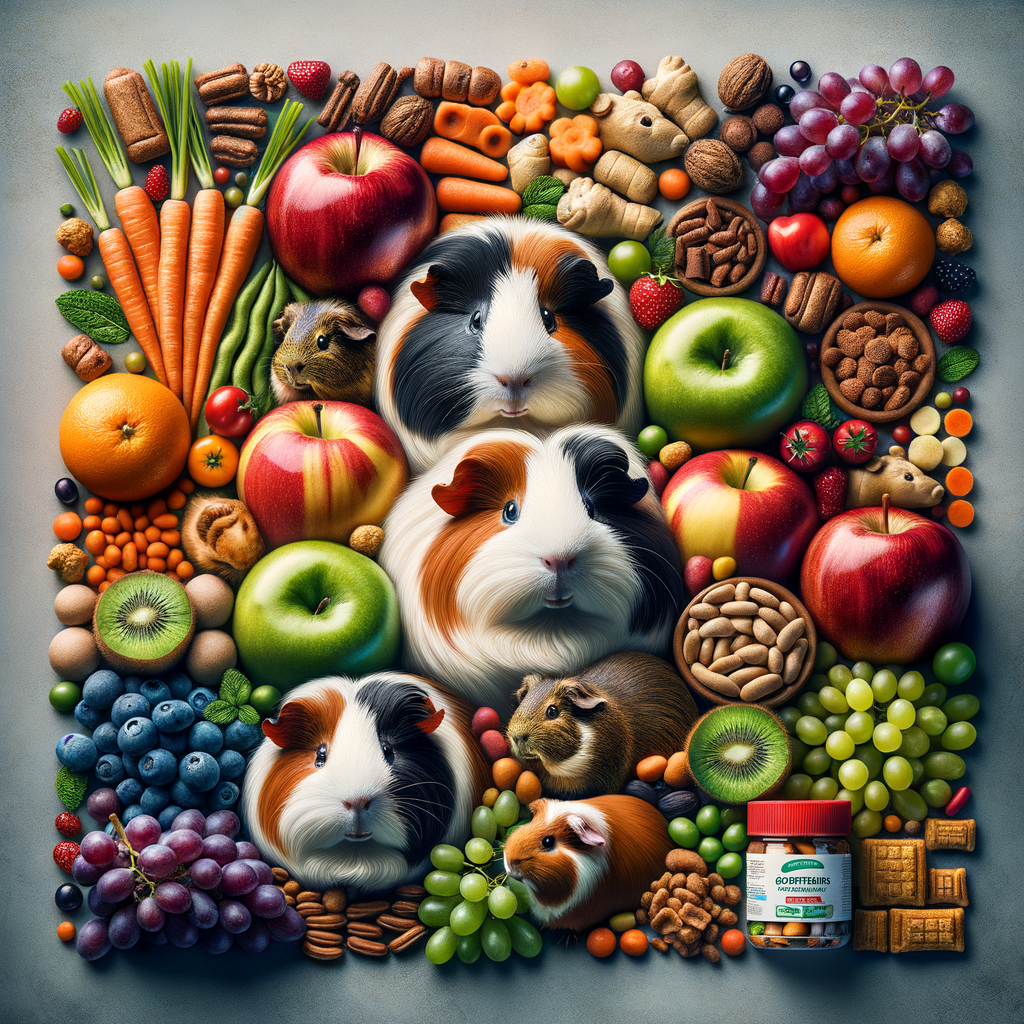 Colorful assortment of healthy and nutritious guinea pig treats, including fresh fruits, vegetables, and safe treats, promoting a balanced guinea pig diet for optimal pet health and guinea pig care.