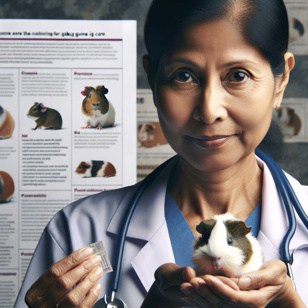 Veterinarian demonstrating proper handling of newborn guinea pig for baby guinea pigs care, with a visible guinea pig care guide in the background providing essential baby guinea pig care tips.