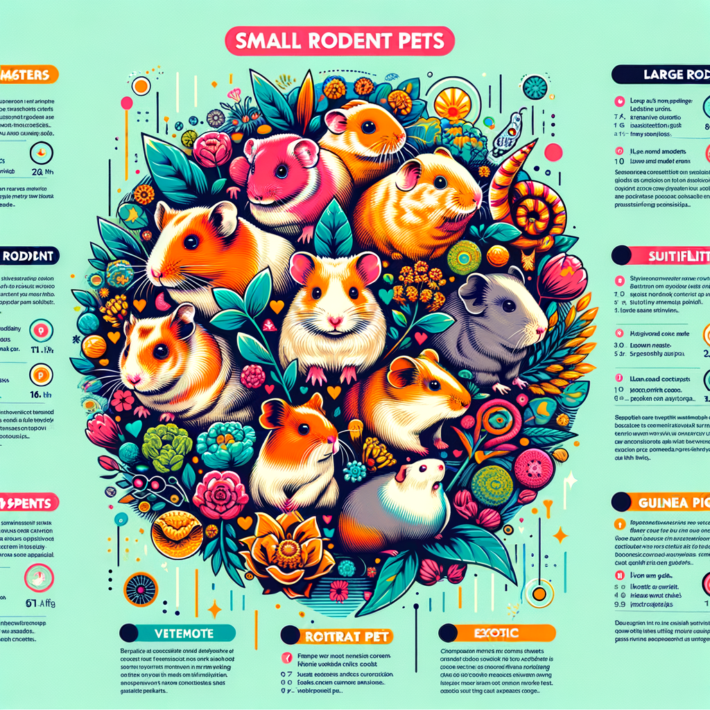 Infographic of small rodent pets including hamster-like animals and large rodents similar to guinea pigs, providing a comprehensive small rodents list with details on lifespan, suitability for beginners and children, and exotic status.