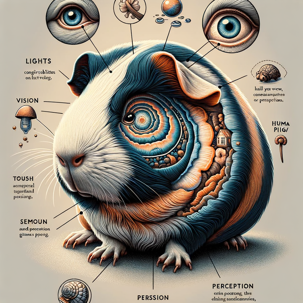 Infographic illustrating Guinea Pig behavior, sensory perception, cognitive abilities, vision, hearing, and communication methods to understand their world view and how they see their environment.