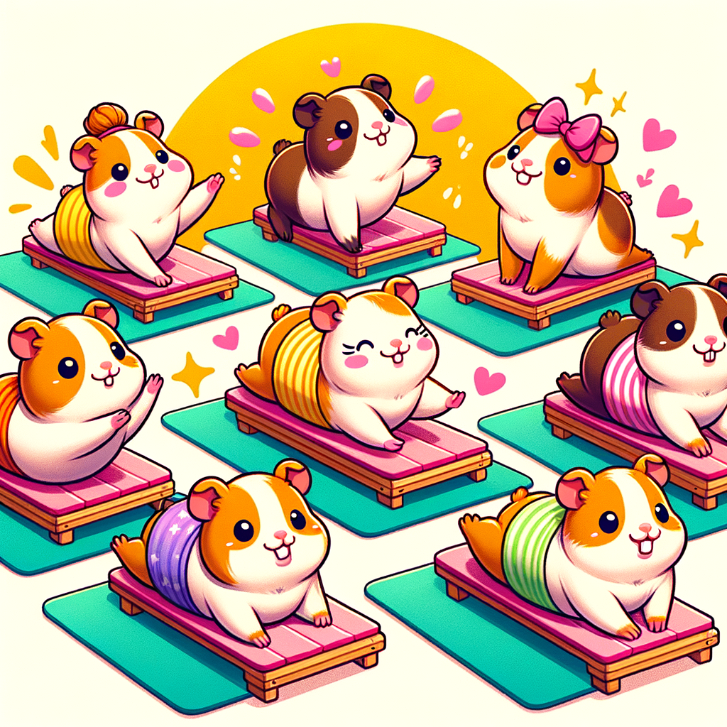 Adorable guinea pigs engaging in Piggy Pilates, demonstrating various forms of guinea pig exercise for fitness, activity, and overall health as part of comprehensive guinea pig care.