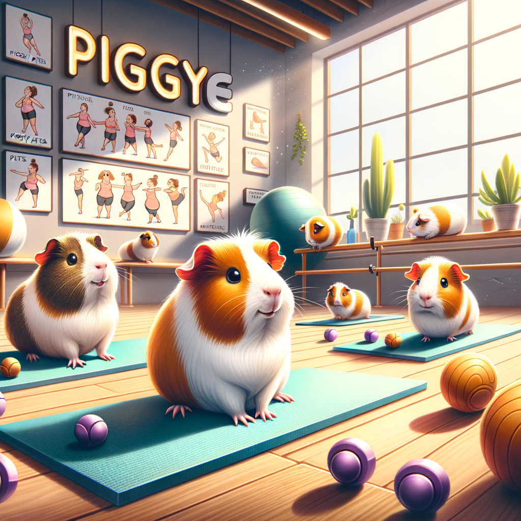 Guinea pigs engaging in Piggy Pilates, showcasing fun exercises for guinea pig health and activity in a miniature Pilates studio, emphasizing pet fitness and guinea pig care.
