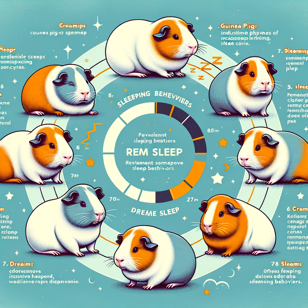 Infographic illustrating guinea pig sleep patterns, REM sleep, dreaming in cavies, and common sleep behaviors based on recent guinea pig sleep research for understanding guinea pig sleep cycle.