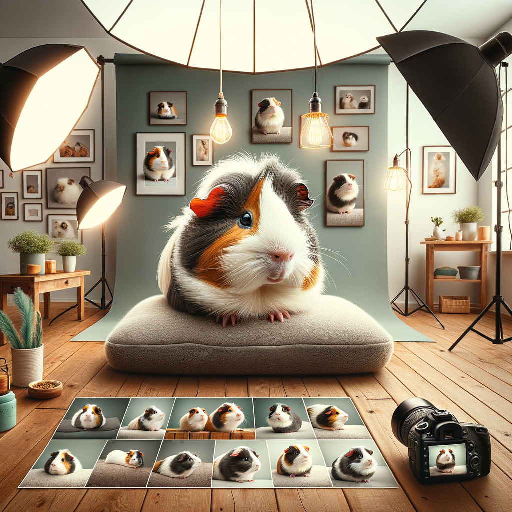 Adorable guinea pig posing in a professional pet photography setup, demonstrating pet photography tips for capturing cute guinea pig photos on camera.