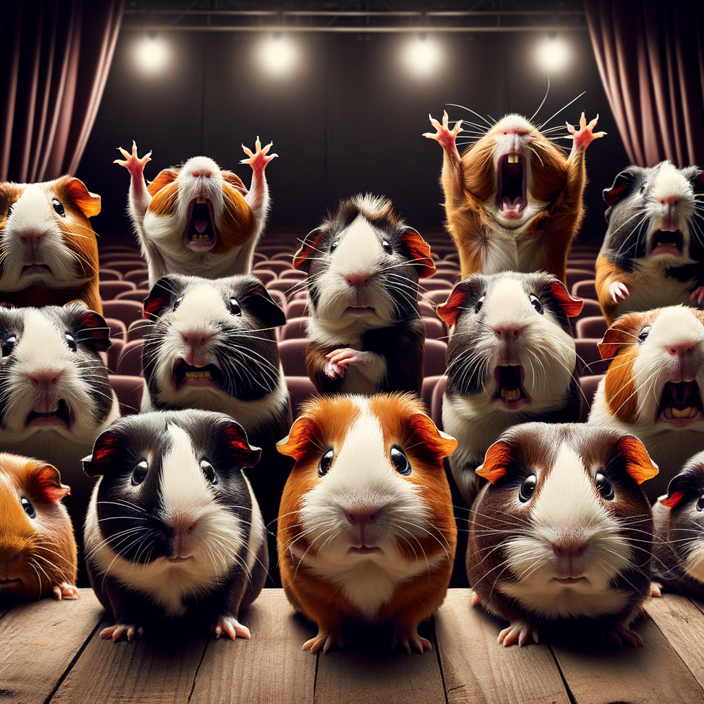 Guinea pigs showcasing a range of personality traits and anxiety levels in a theatre setting, exhibiting signs of stage fright and confidence, highlighting their unique behavior and performance tendencies.