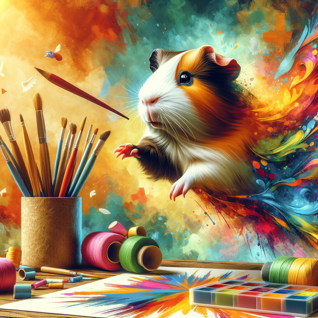 Piggy Picasso, a creative guinea pig, engaged in a DIY art project with pet-friendly art supplies and homemade guinea pig toys, showcasing easy guinea pig-friendly crafts and DIY pet crafts.