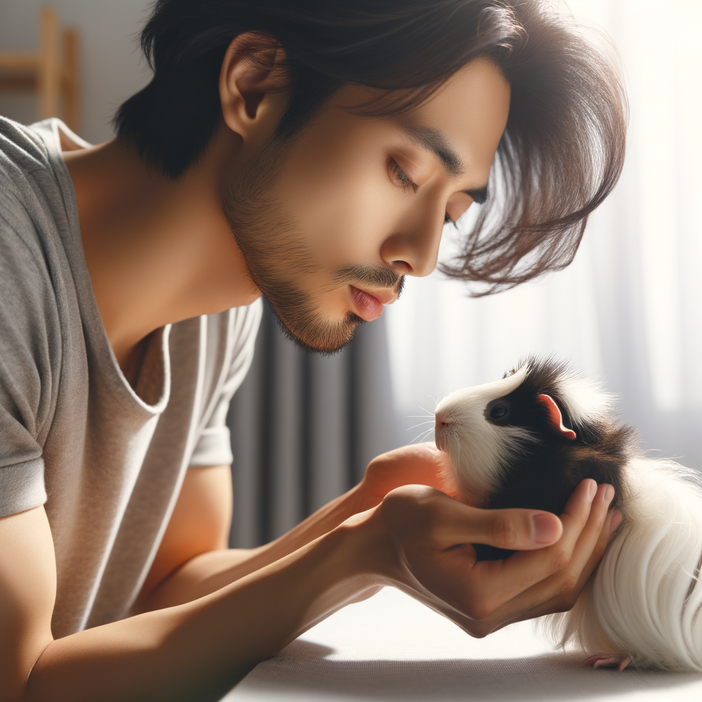 Pet owner showing Guinea Pig Affection and Understanding Guinea Pig Emotions through gentle cuddling, demonstrating Guinea Pig Love Signs and Pet Guinea Pig Care, highlighting Guinea Pig Social Behavior and Emotional Response.