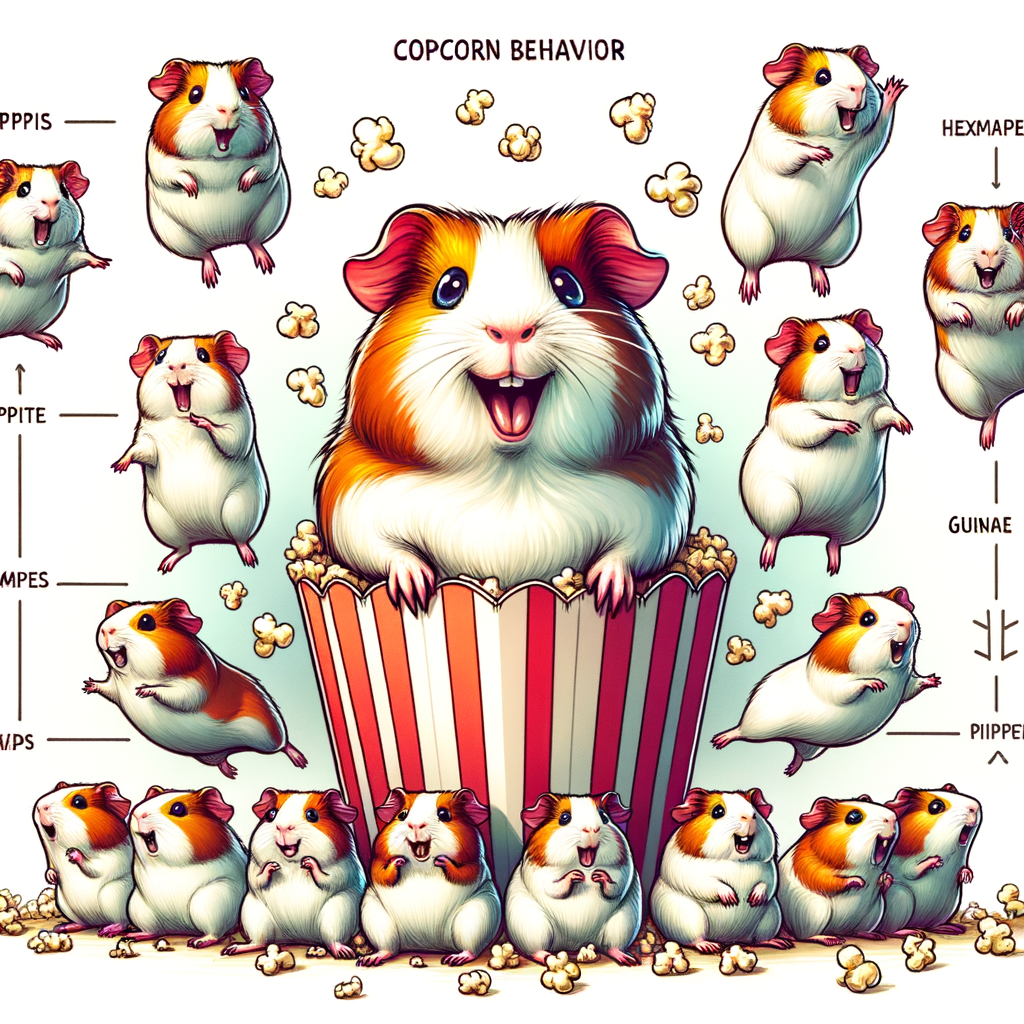 Joyful guinea pigs exhibiting popcorn behavior, a visual representation of understanding guinea pigs' happiness and decoding their body language and expressions.