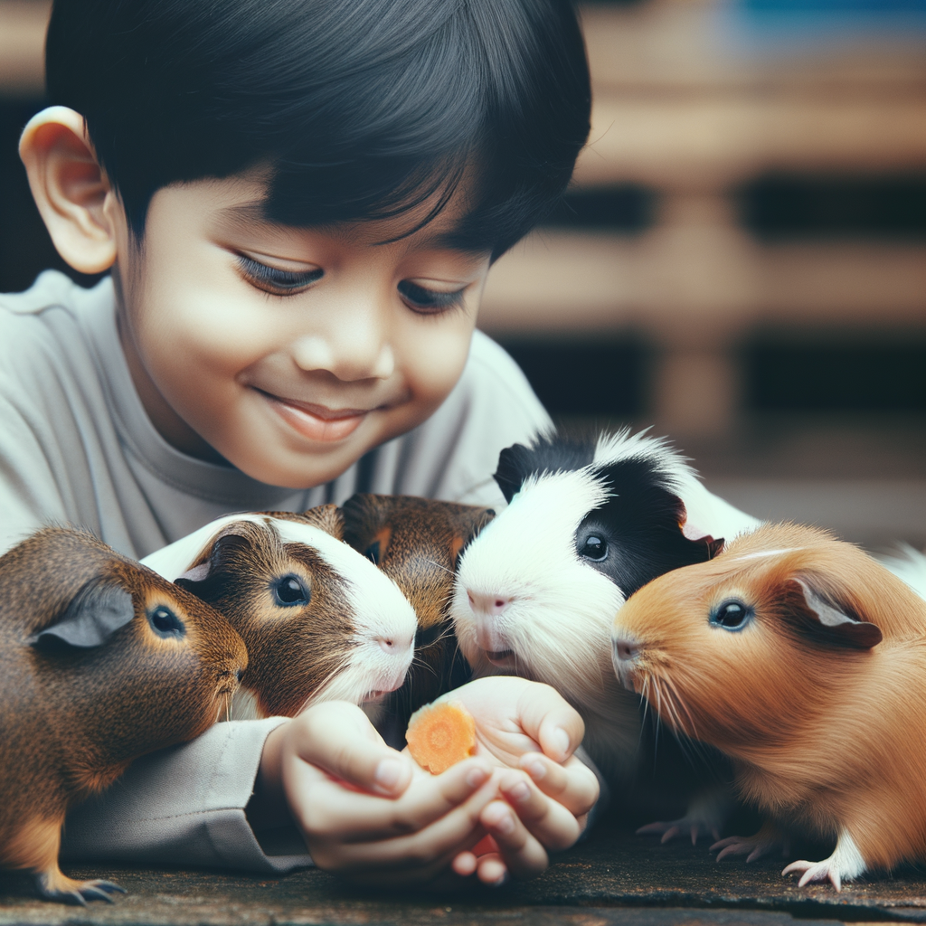 Young child demonstrating understanding of guinea pig behavior through gentle interaction, highlighting guinea pig friendliness, companionship, and bonding, essential for caring for these affectionate pets.