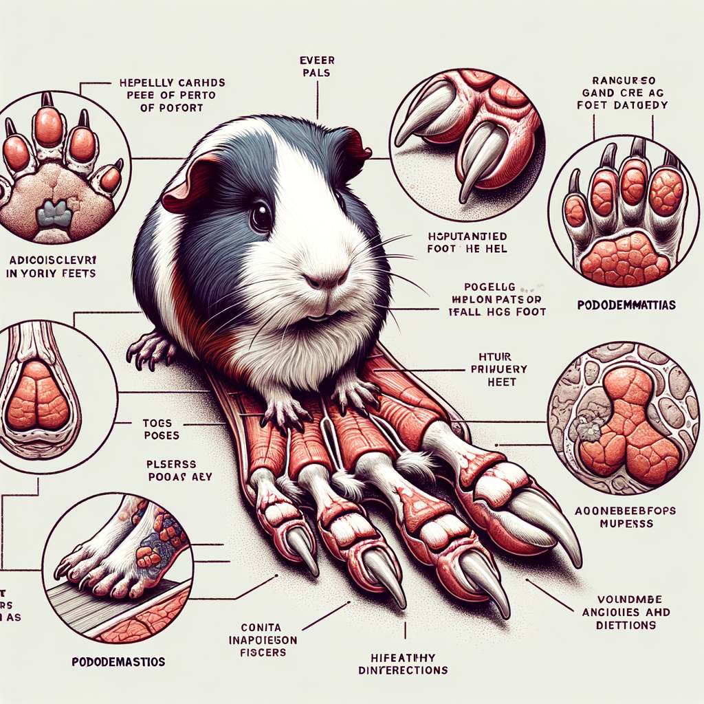 Professional illustration of guinea pig foot anatomy and common problems like pododermatitis, highlighting signs of healthy feet and steps for proper guinea pig feet care and prevention of injuries and diseases.