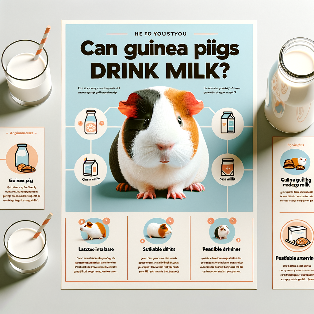 Infographic explaining guinea pig diet, focusing on guinea pig milk consumption, lactose intolerance, safe drinks, and milk alternatives for optimal guinea pig nutrition and care.