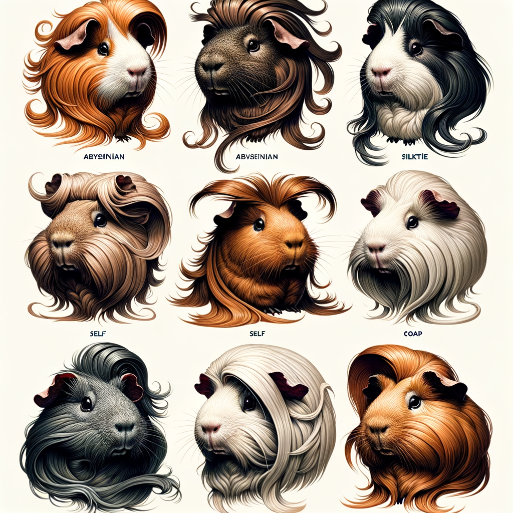 Collection of rare and unique guinea pig breeds showcasing their exotic and uncommon characteristics, providing a visual breed guide for different types of guinea pigs.